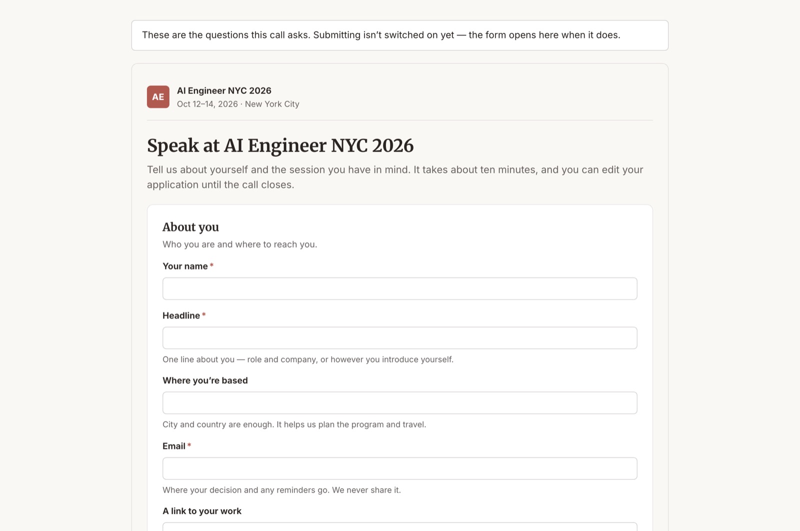 The public application page for a closed call, branded for the event, still showing every question it asked.