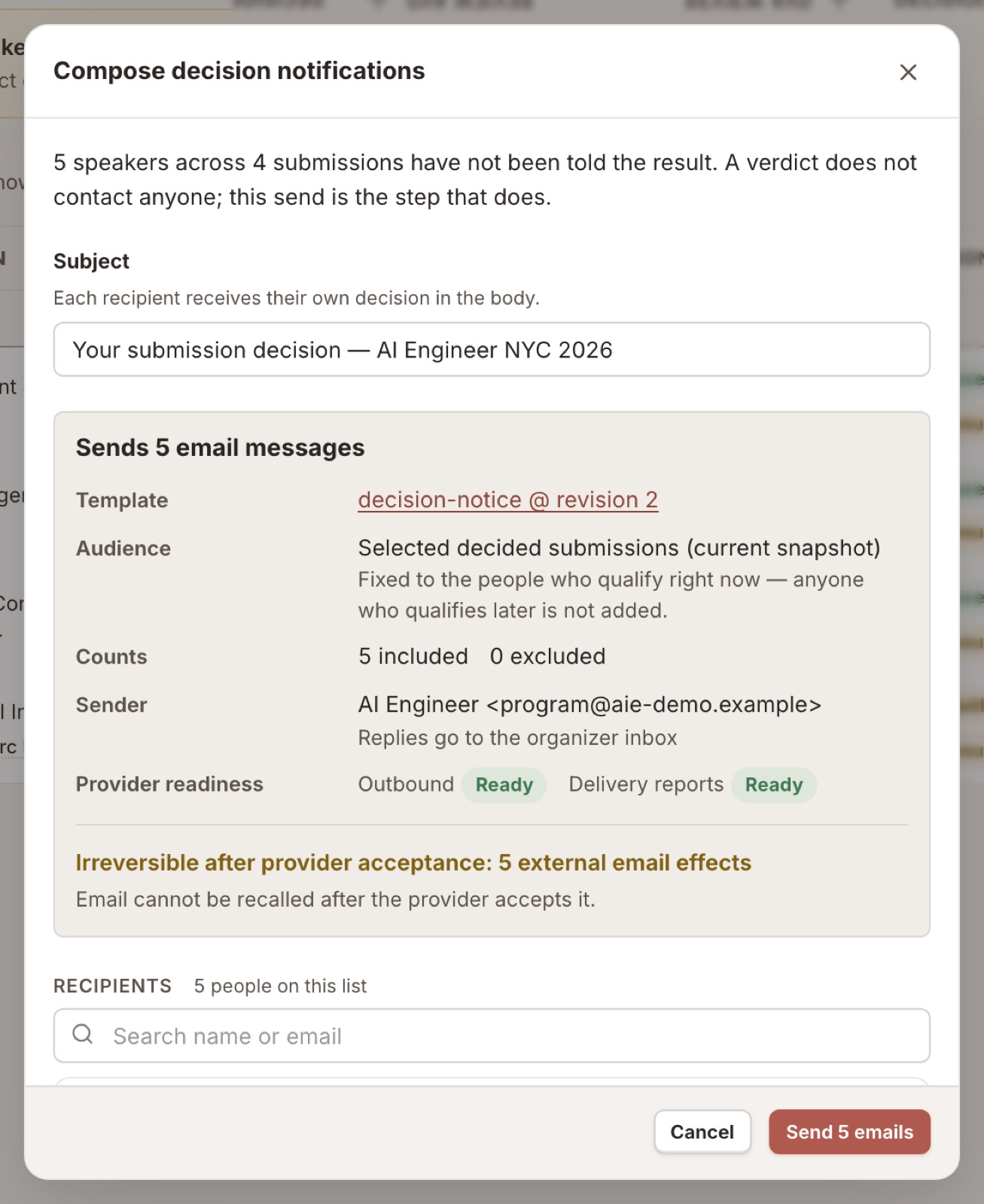 The compose dialog: sends five emails, template pinned to revision 2, audience fixed to a snapshot, provider readiness, and an irreversibility warning.