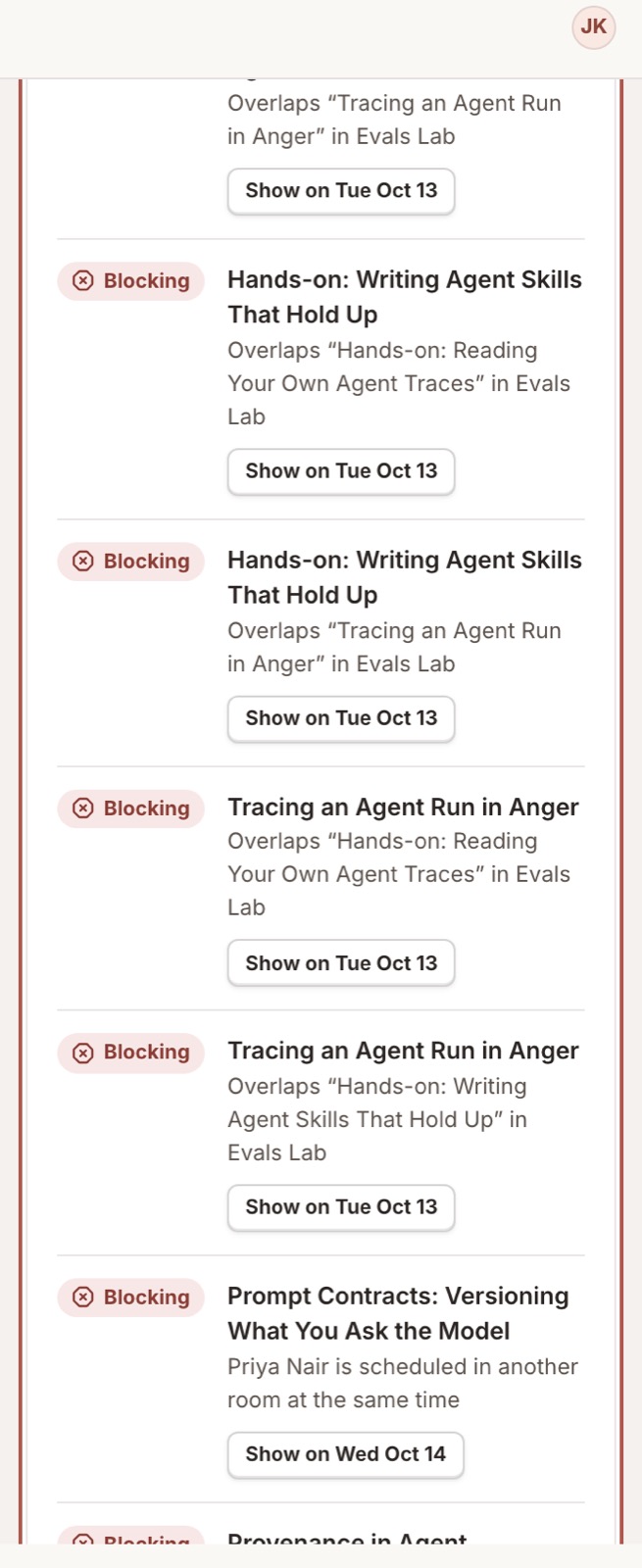 The conflicts panel listing blocking conflicts with reasons and jump-to buttons.