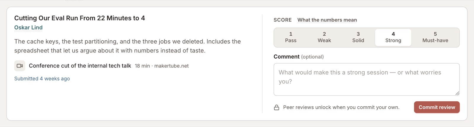 A committed review card showing the reviewer's score, peer scores, and standing in track.