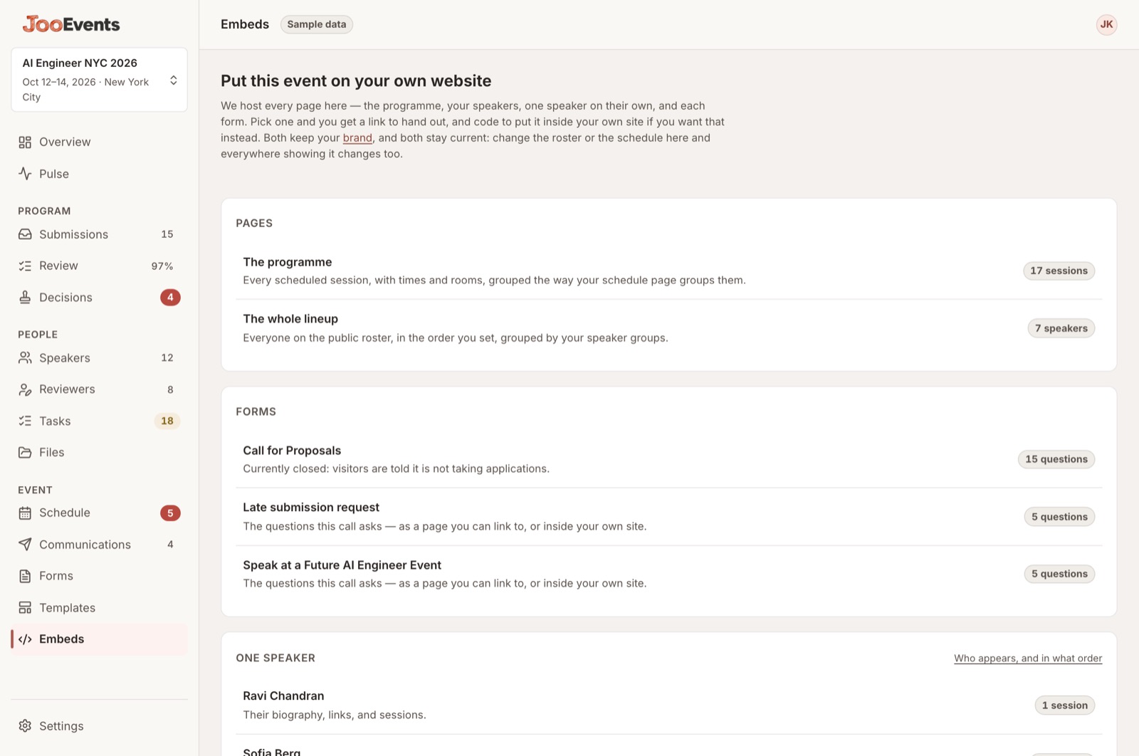 The embeds screen offering hosted links and copyable code per surface.