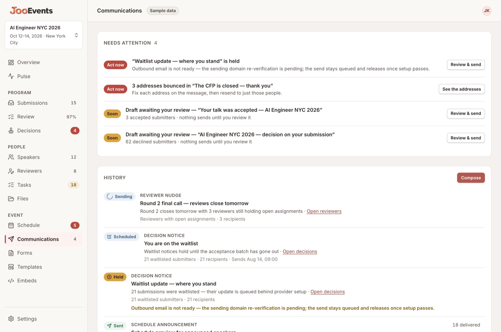The communications screen with a needs-attention list, message history in five states and delivery readiness.