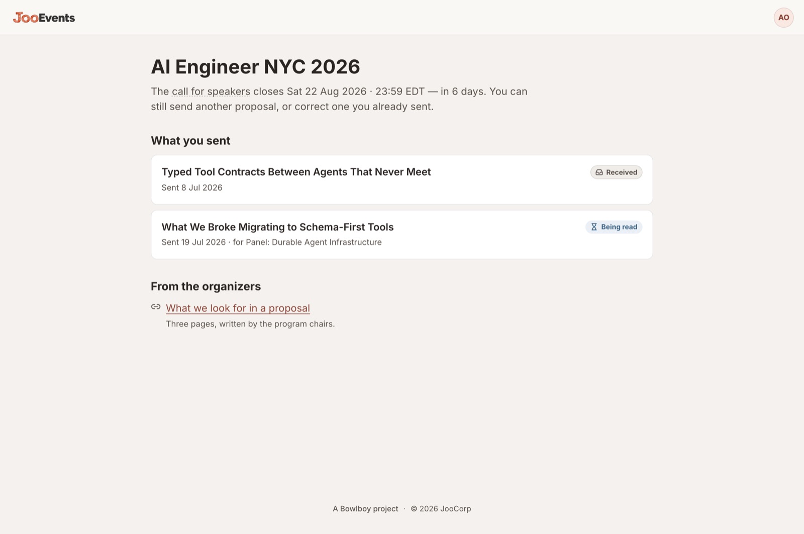 The speaker portal showing only that speaker's own submissions and the deadline.