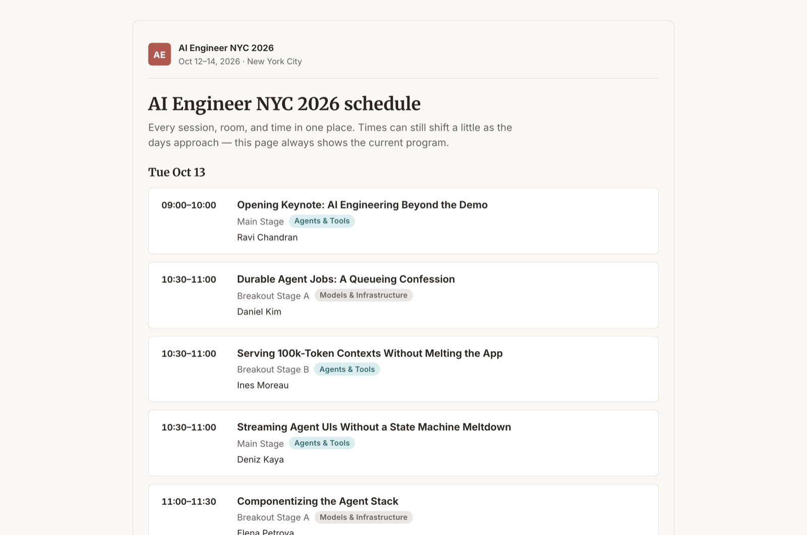 The public programme page grouped by day with times, rooms, tracks and speakers.