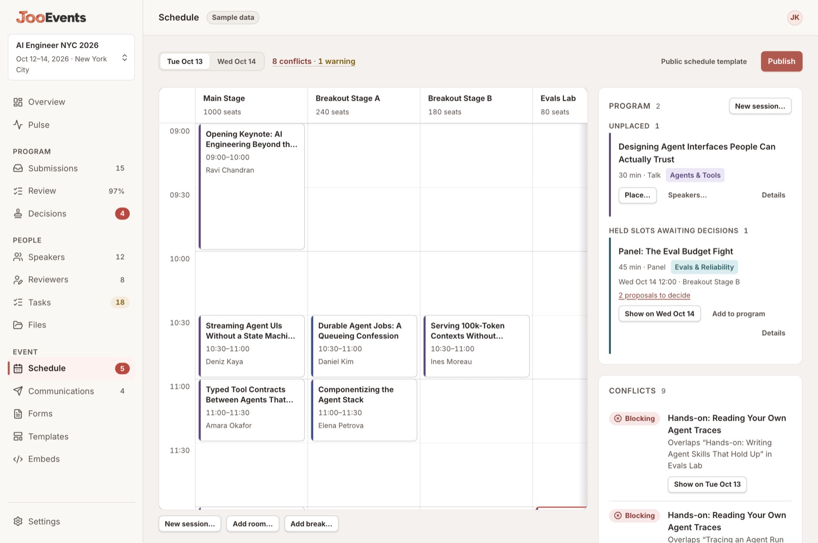 The schedule grid with four room columns, placed sessions, an unplaced pool and a conflicts panel.
